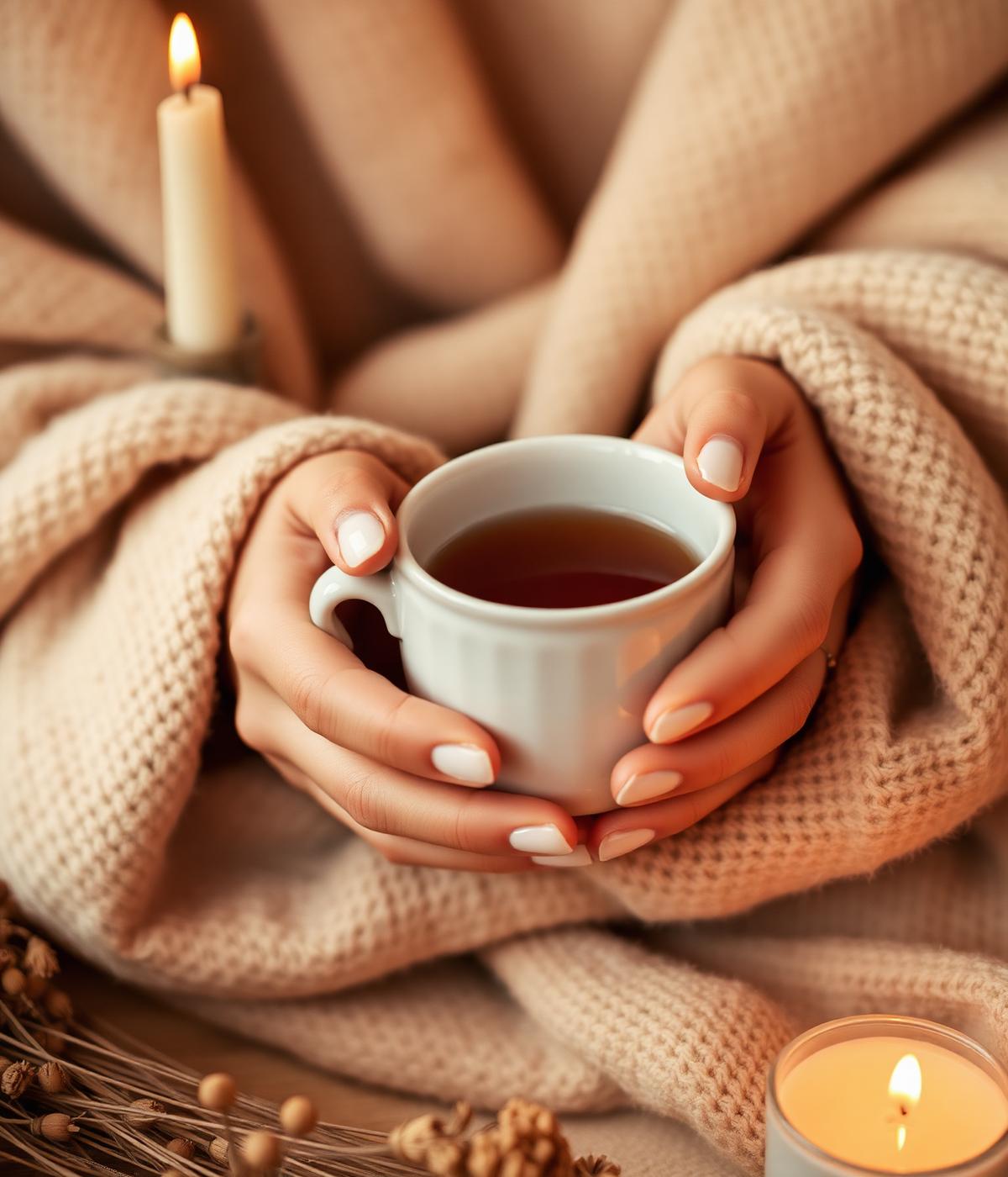 Hands wrapped in a soft throw, holding a warm mug — a moment of stillness